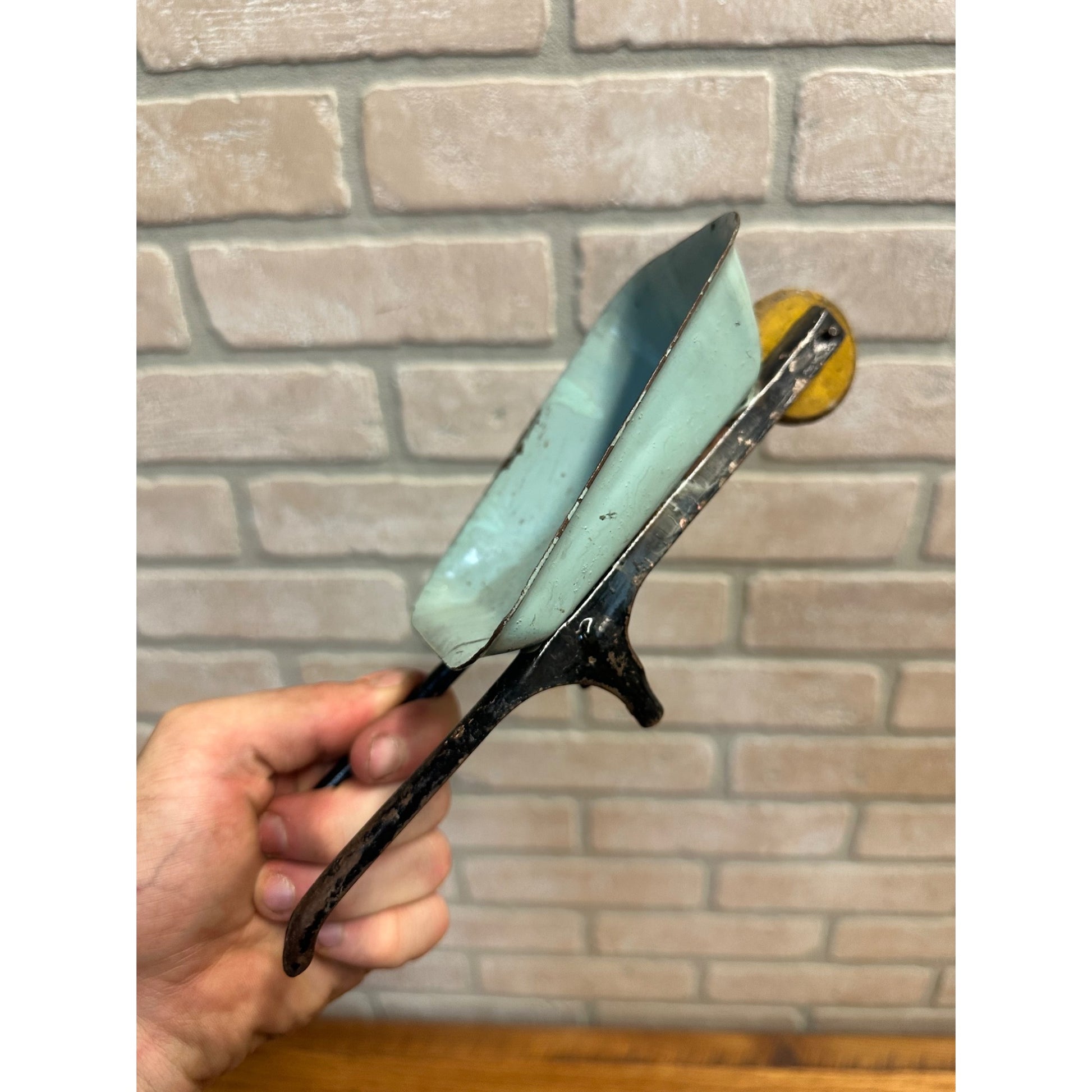 Vintage 1930s Wyandotte or Marx Pressed Steel Toy 9.5" Wheelbarrow Wood Wheel