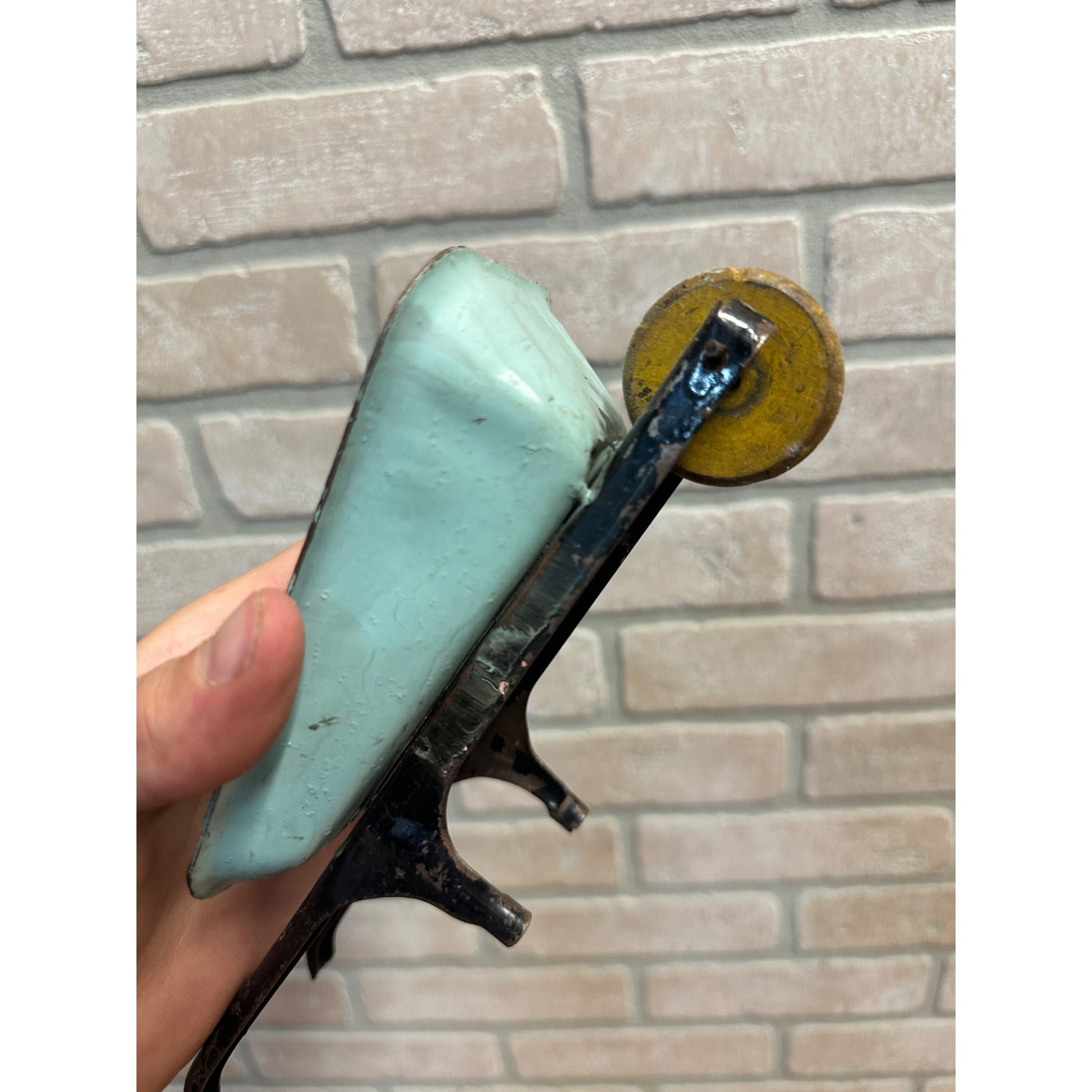 Vintage 1930s Wyandotte or Marx Pressed Steel Toy 9.5" Wheelbarrow Wood Wheel