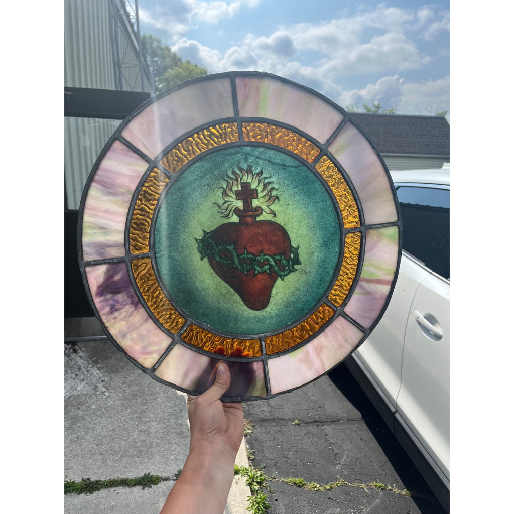 Vintage c1930 Sacred Heart Stained Slag Glass Church Window Panel Religious