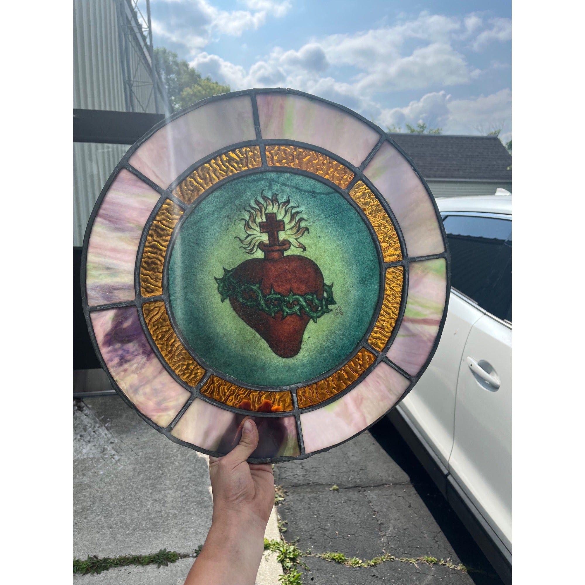 Vintage c1930 Sacred Heart Stained Slag Glass Church Window Panel Religious