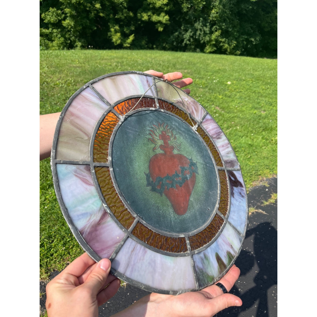 Vintage c1930 Sacred Heart Stained Slag Glass Church Window Panel Religious