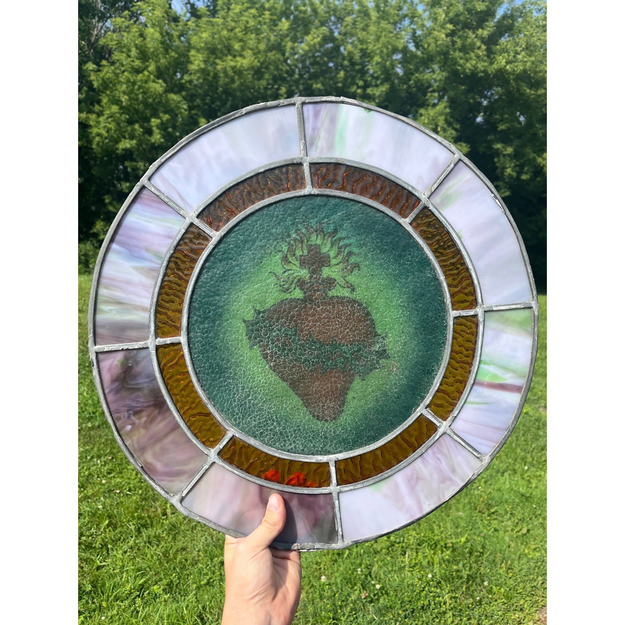 Vintage c1930 Sacred Heart Stained Slag Glass Church Window Panel Religious