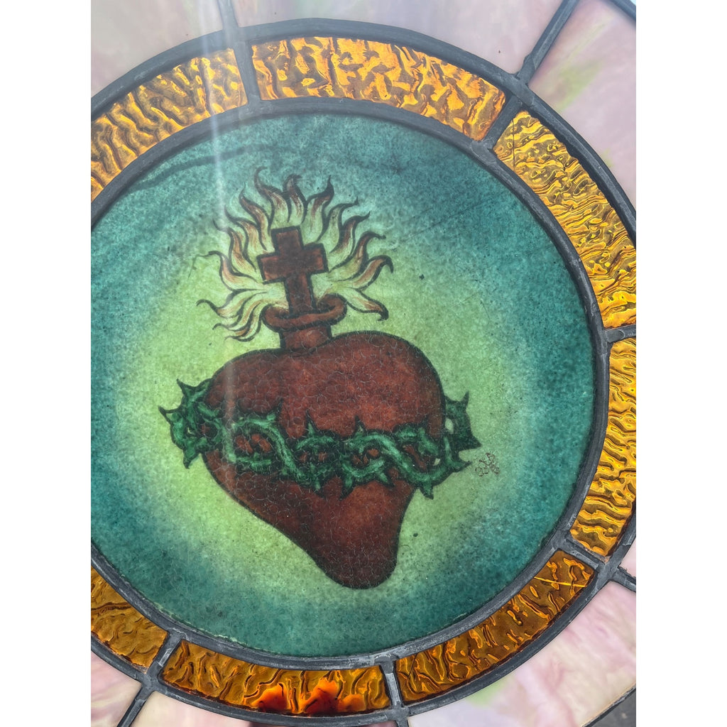 Vintage c1930 Sacred Heart Stained Slag Glass Church Window Panel Religious