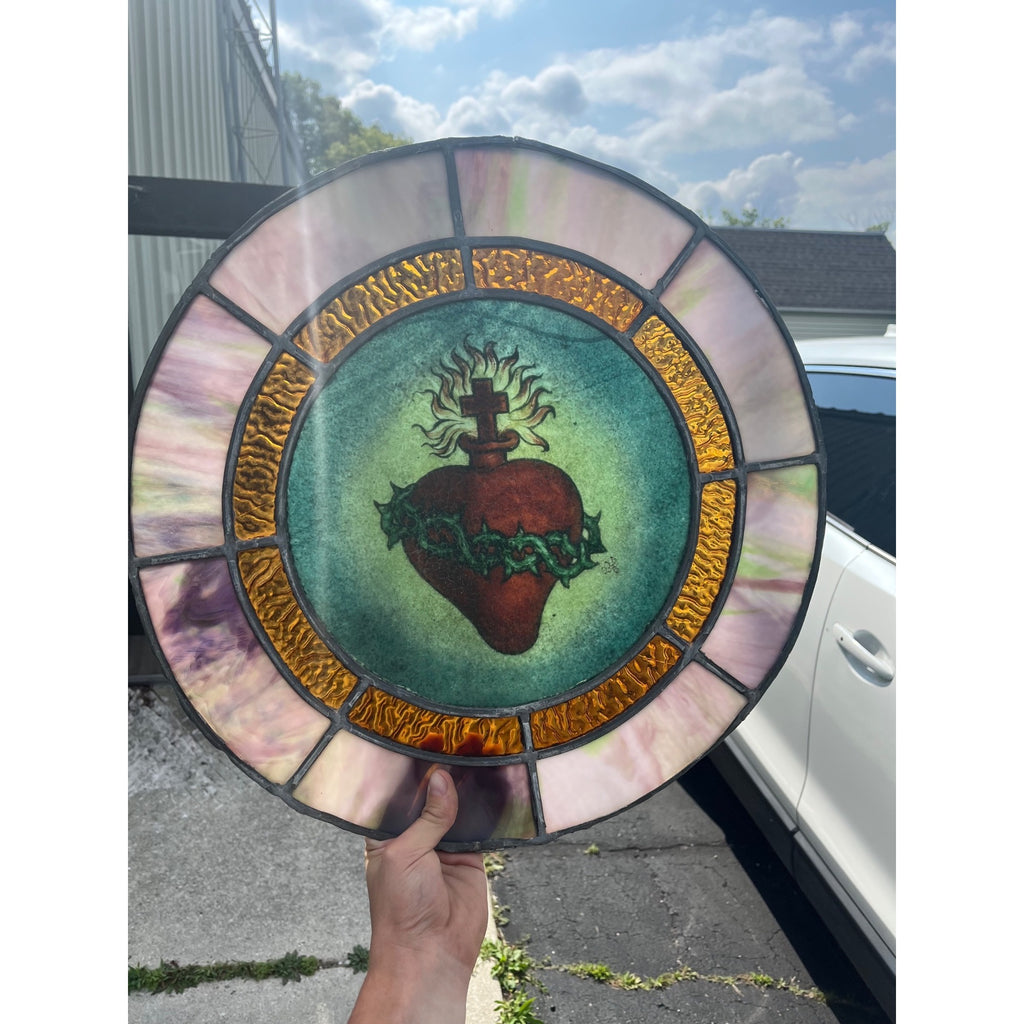 Vintage c1930 Sacred Heart Stained Slag Glass Church Window Panel Religious