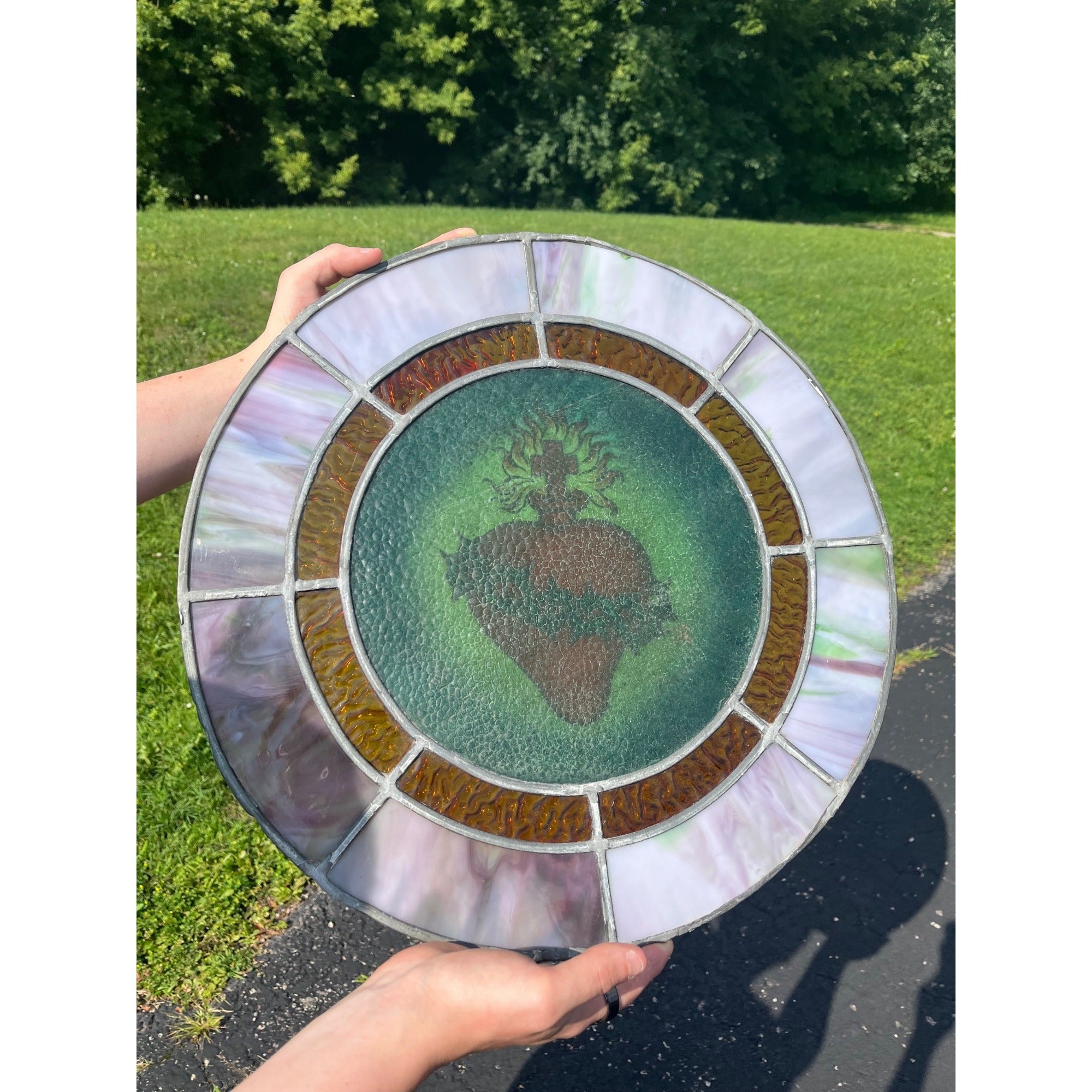 Vintage c1930 Sacred Heart Stained Slag Glass Church Window Panel Religious