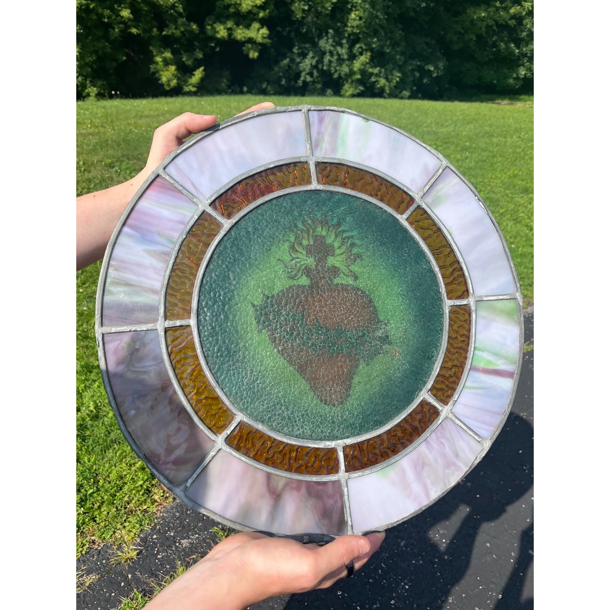 Vintage c1930 Sacred Heart Stained Slag Glass Church Window Panel Religious