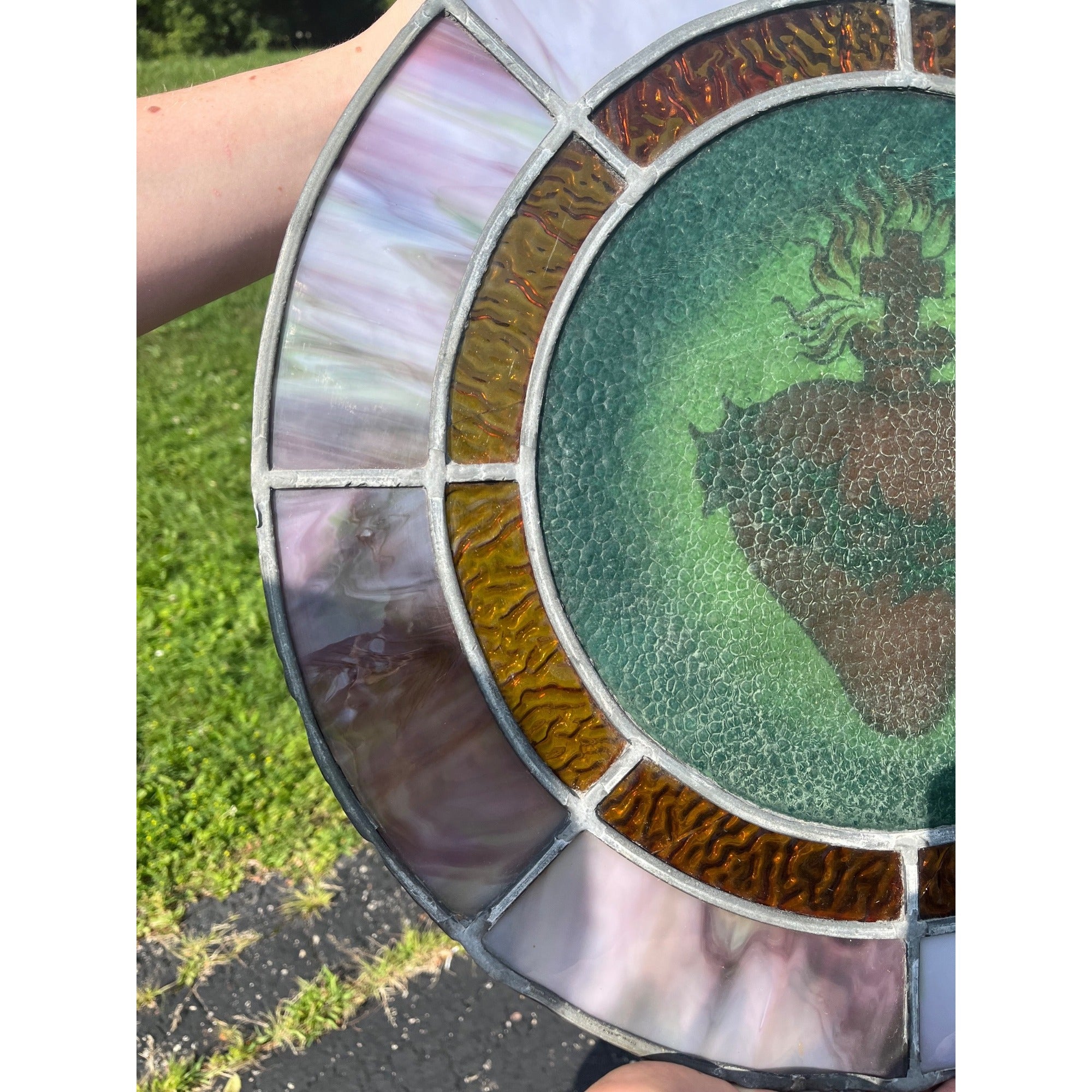 Vintage c1930 Sacred Heart Stained Slag Glass Church Window Panel Religious
