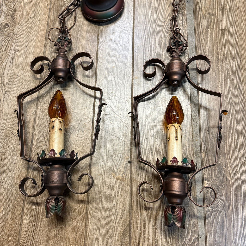Pair Vintage Matching Pendant Hanging Ceiling Lights Spanish Revival