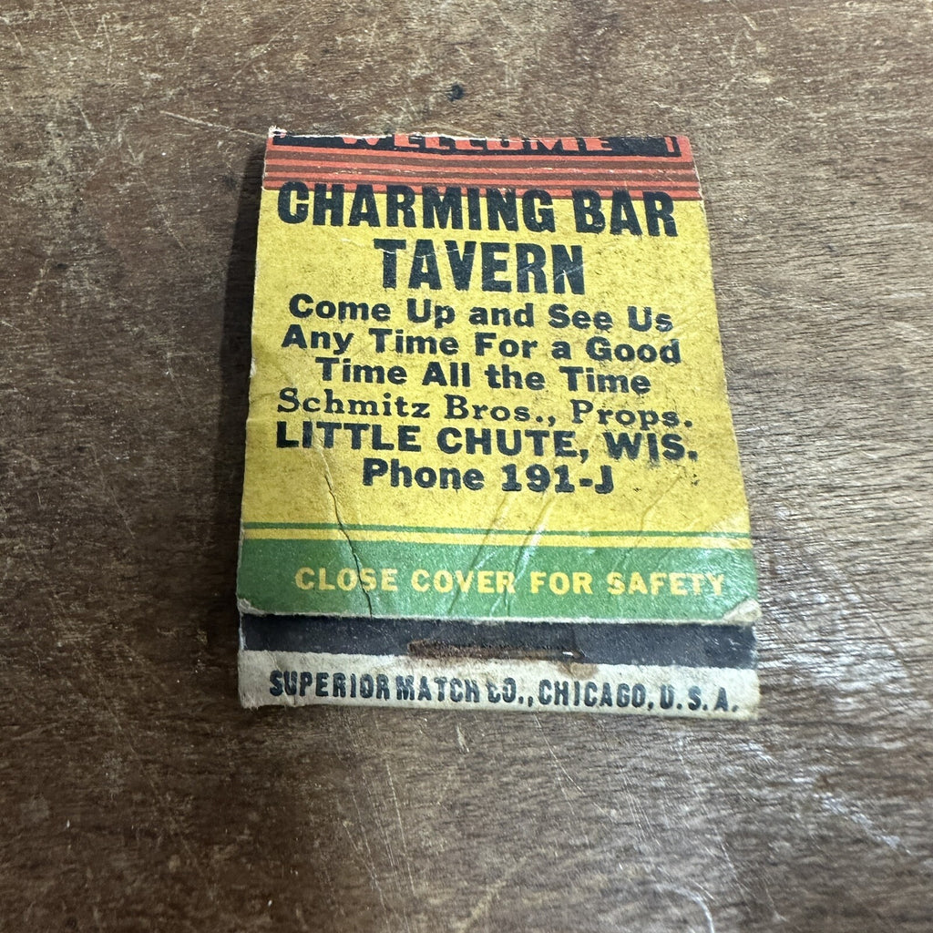 Vintage Charming Bar Tavern Little Chute Wis Advertising Matchbook Cover 1940s