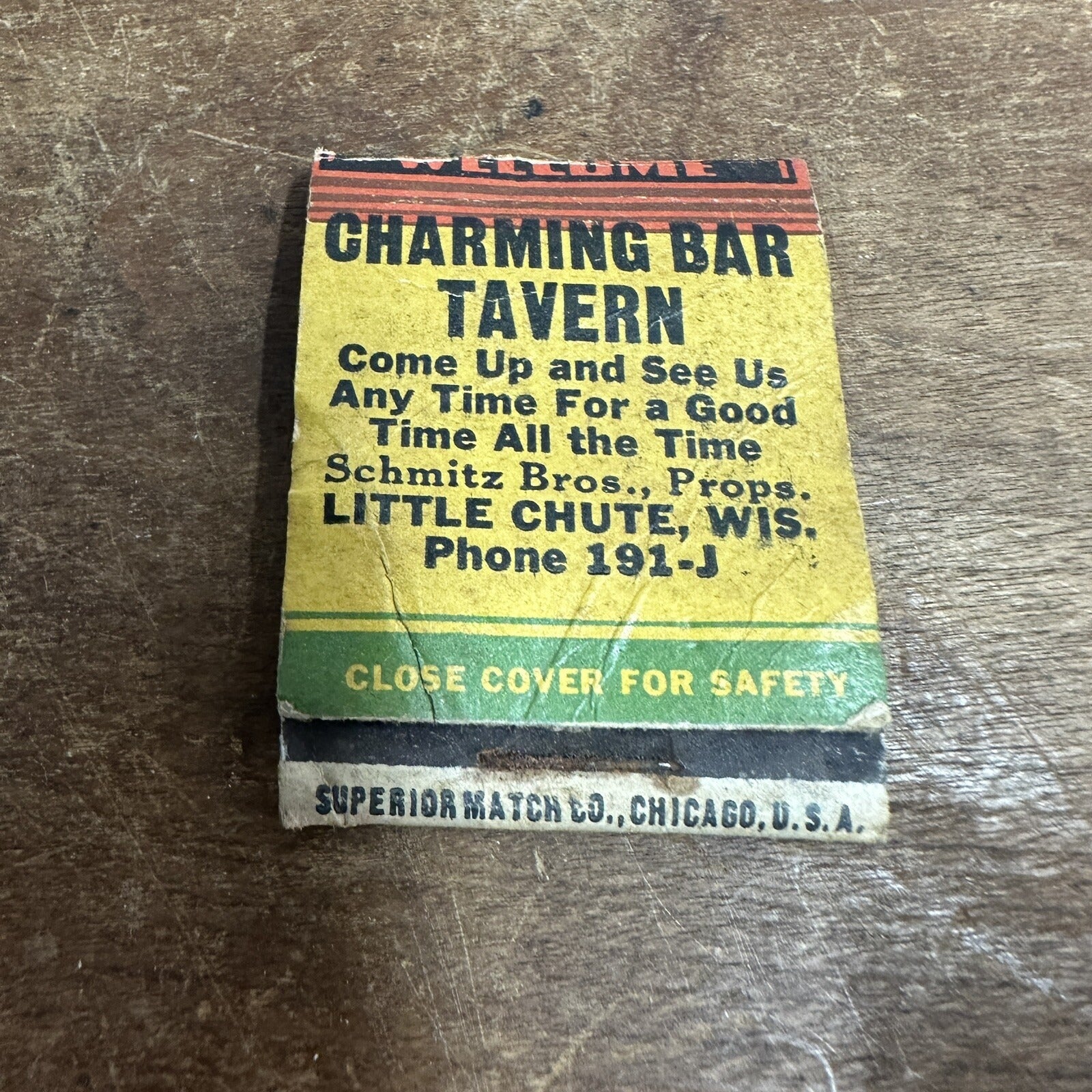 Vintage Charming Bar Tavern Little Chute Wis Advertising Matchbook Cover 1940s