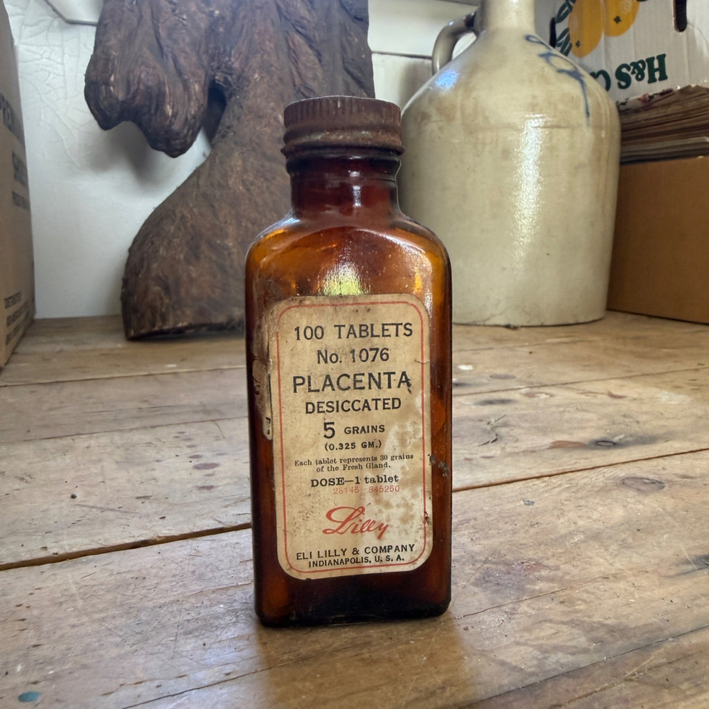 RARE Vintage Lilly Placenta Desiccated Female Medicine Bottle Amber Glass FULL