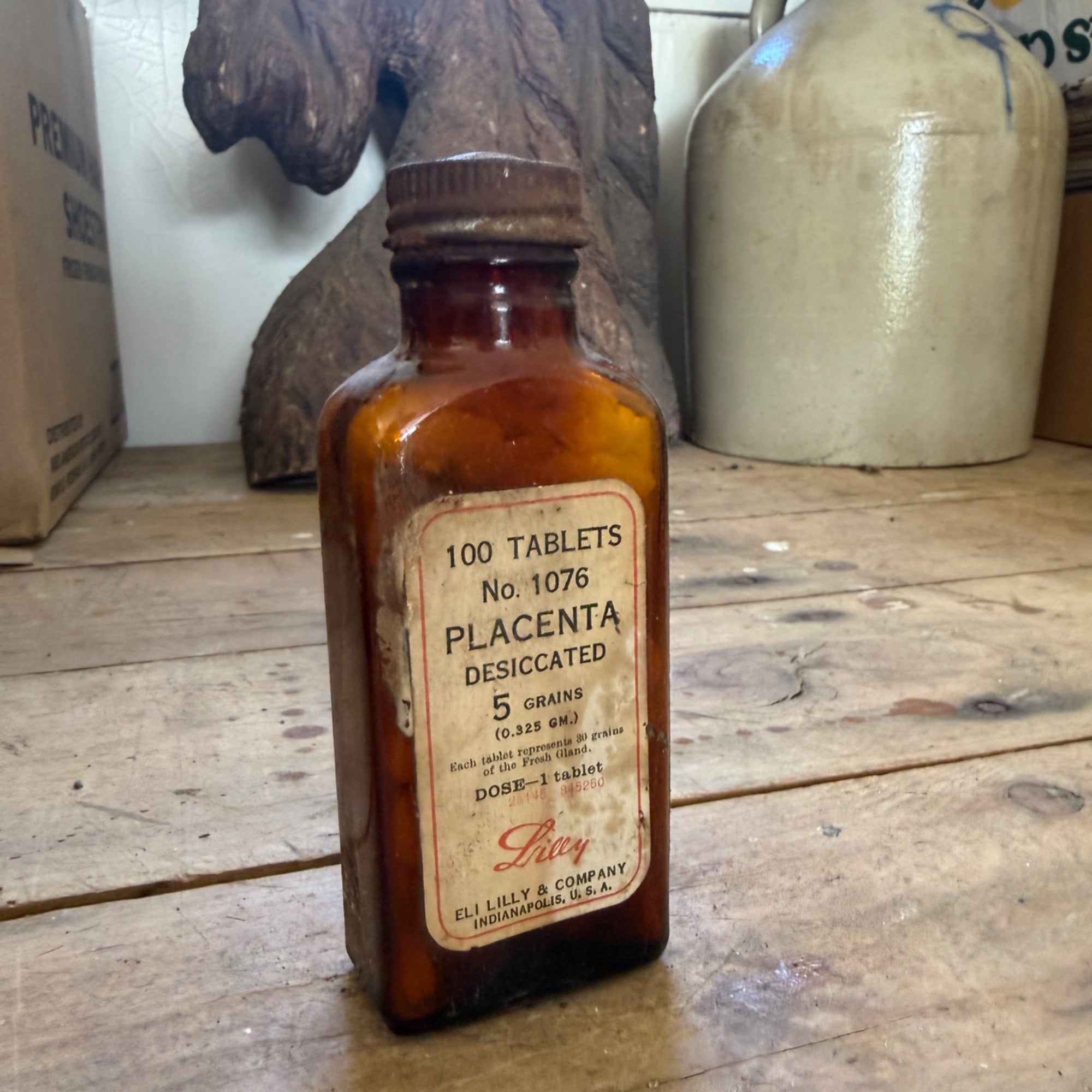 RARE Vintage Lilly Placenta Desiccated Female Medicine Bottle Amber Glass FULL