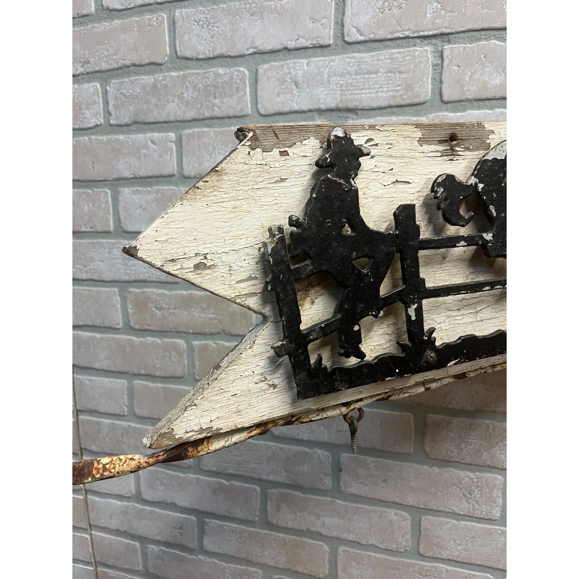 Antique Primitive Wooden Rustic Cowboy Western Flange Sign Wrought Iron Ranch