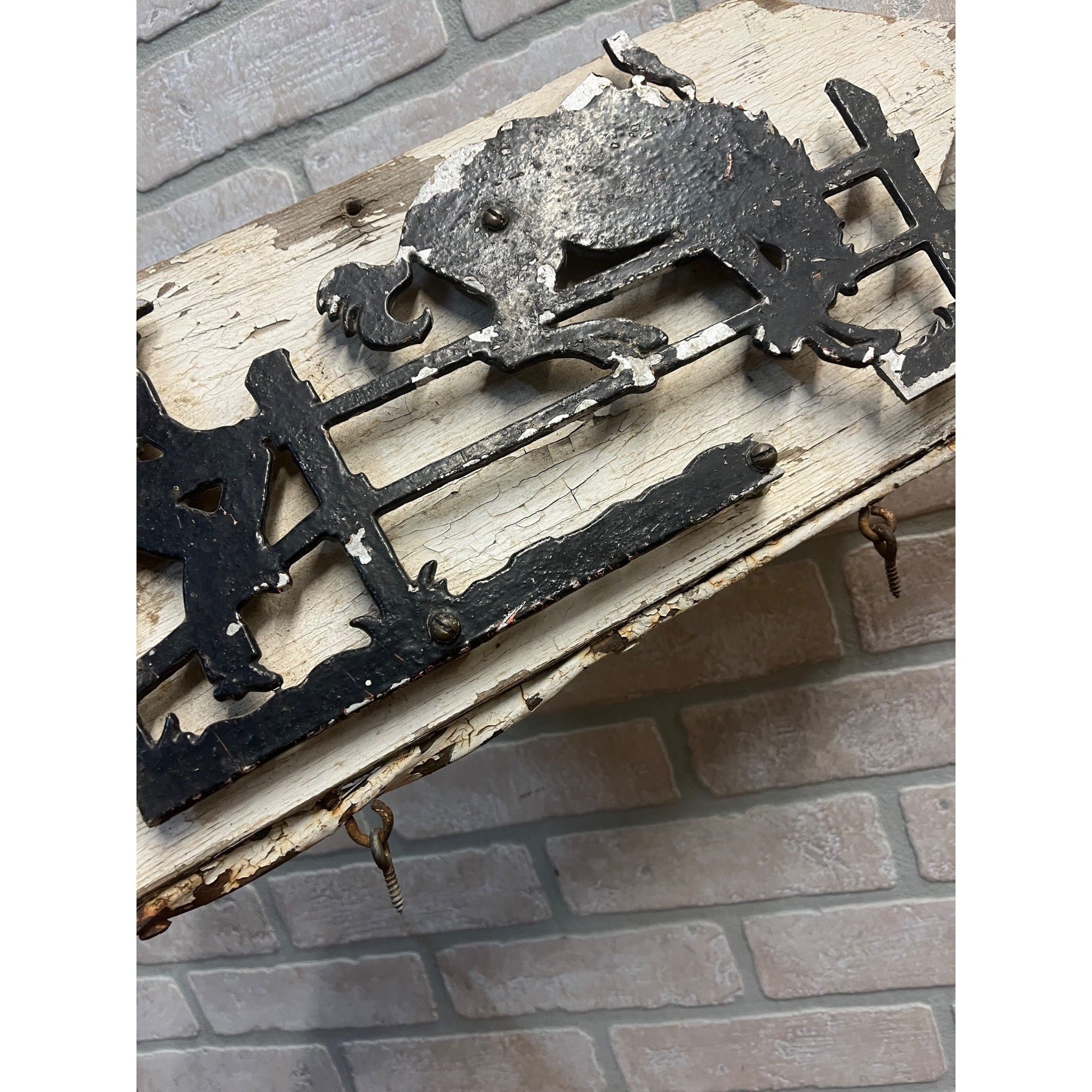 Antique Primitive Wooden Rustic Cowboy Western Flange Sign Wrought Iron Ranch