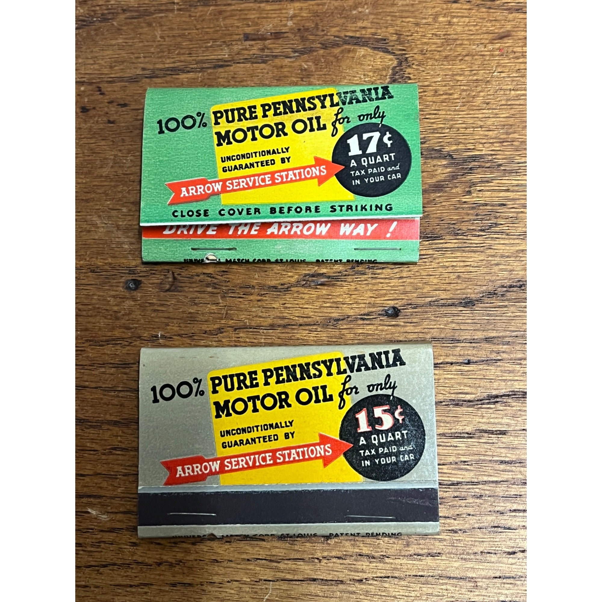 Vintage Arrow Service Stations Pennsylvania Motor Oil Matchbooks Advertising