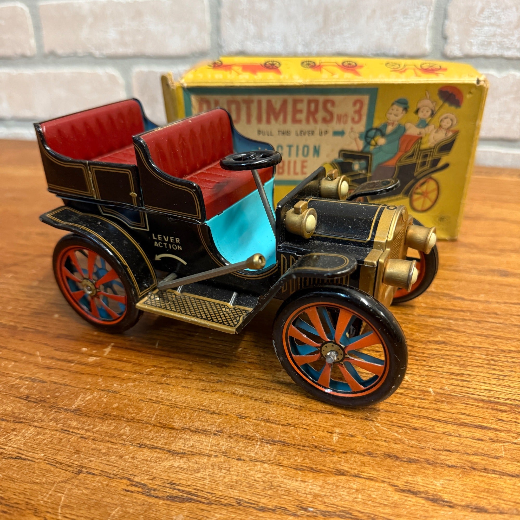 Antique Auto Old Timer's Car No. 3 Lever Action Tin Litho Model T Toy  Japan
