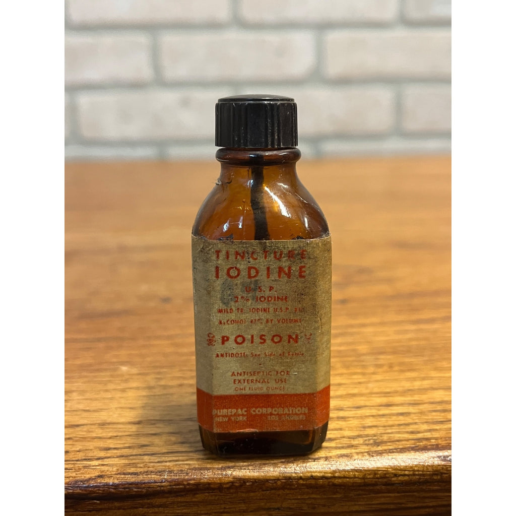 Vintage Iodine Tincture Poison Label Amber Glass Medicine Bottle FULL