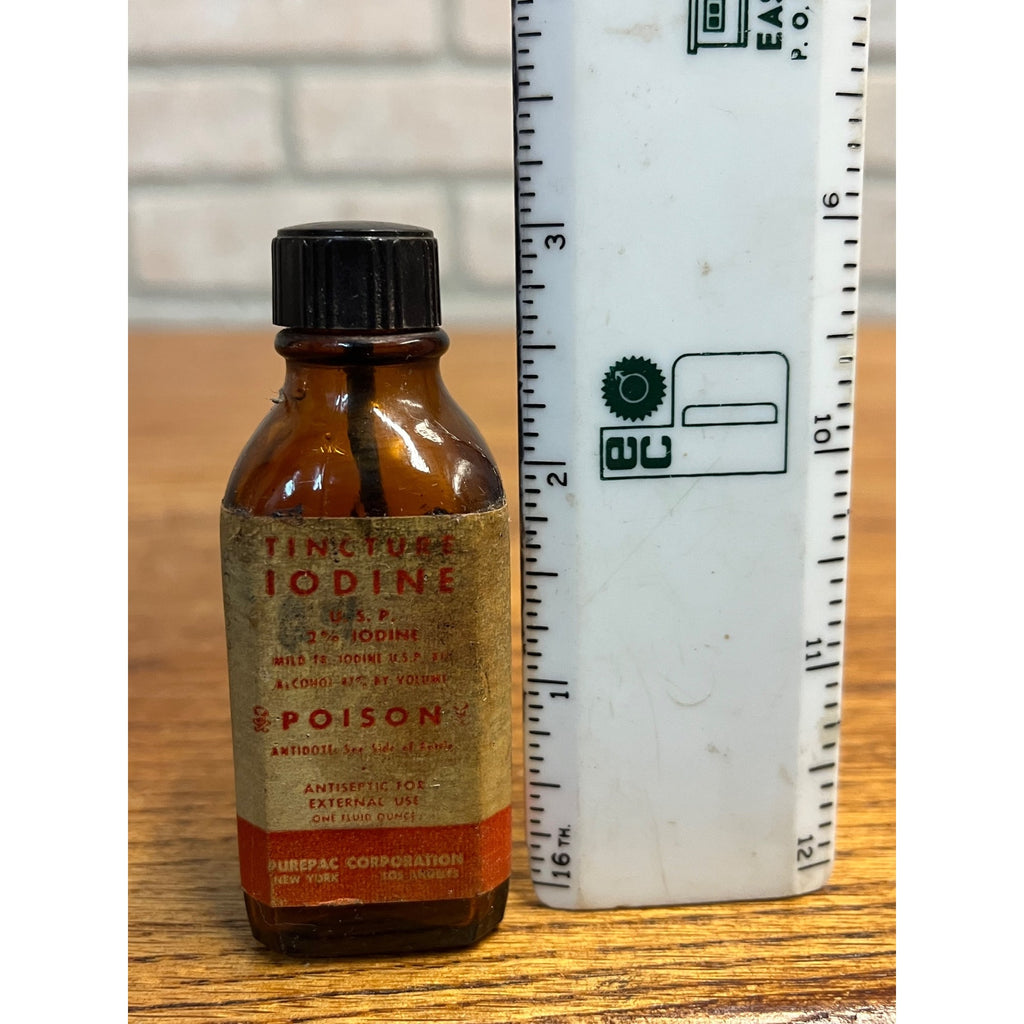 Vintage Iodine Tincture Poison Label Amber Glass Medicine Bottle FULL