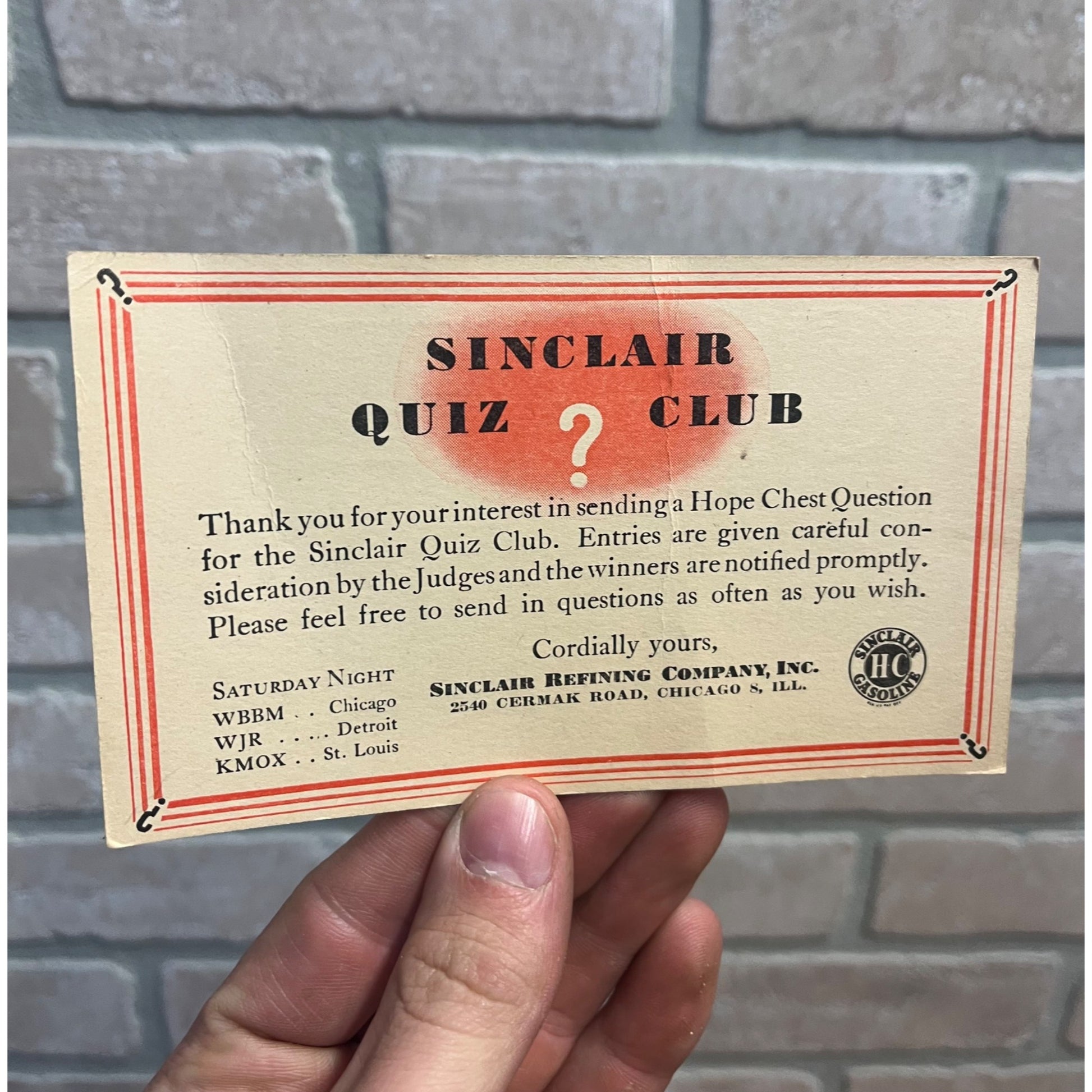 Vintage Sinclair Quiz Club Oil Refining Company Gas Radio Advertisement Postcard