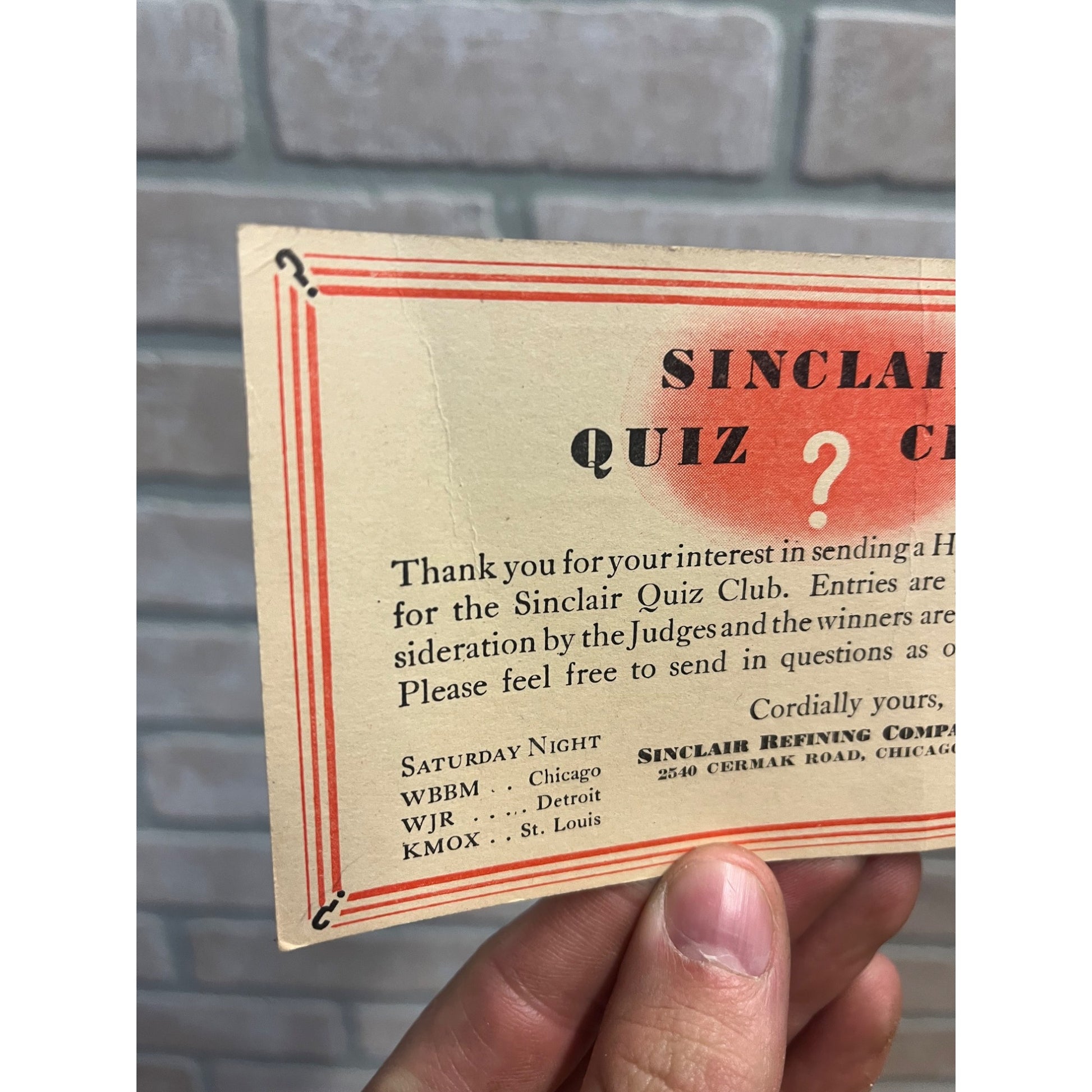 Vintage Sinclair Quiz Club Oil Refining Company Gas Radio Advertisement Postcard