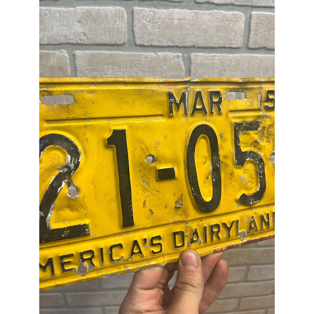 Vintage Wisconsin License Plate, Yellow and Black, March 1953