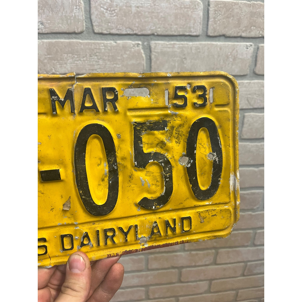 Vintage Wisconsin License Plate, Yellow and Black, March 1953