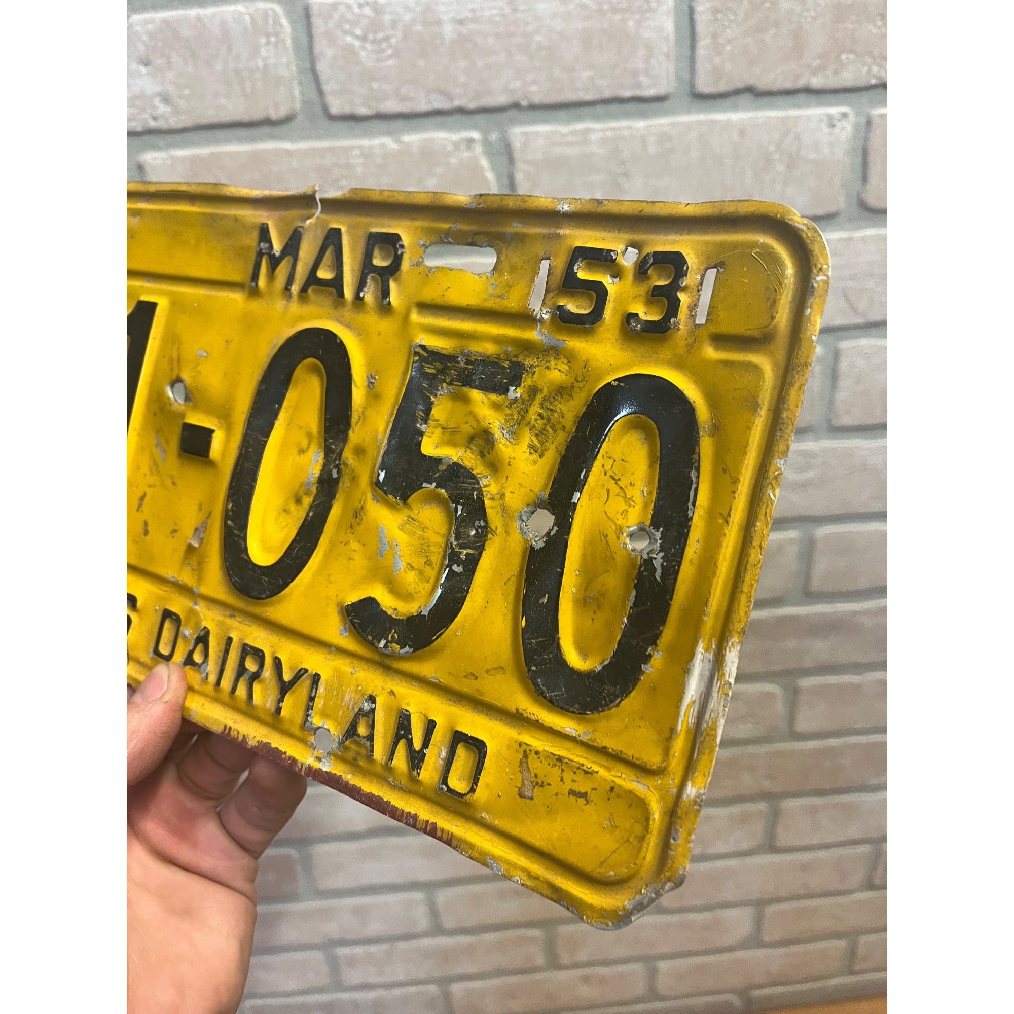 Vintage Wisconsin License Plate, Yellow and Black, March 1953