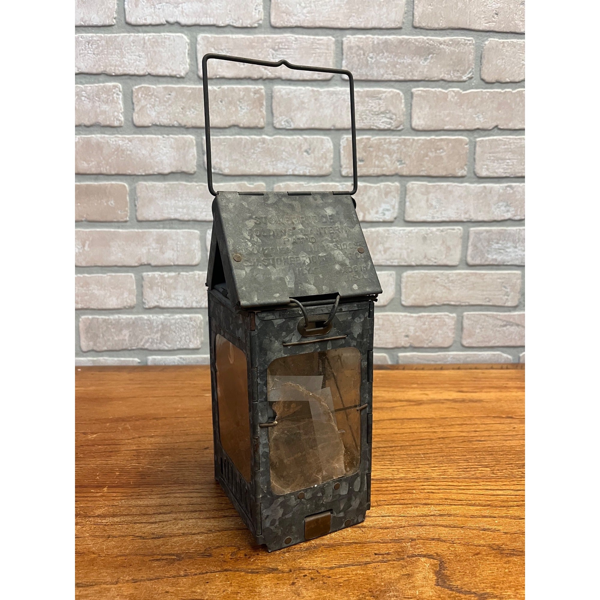 Antique WWI Folding Stonebridge Candle Lantern Us Army Mica Panels Trench Light