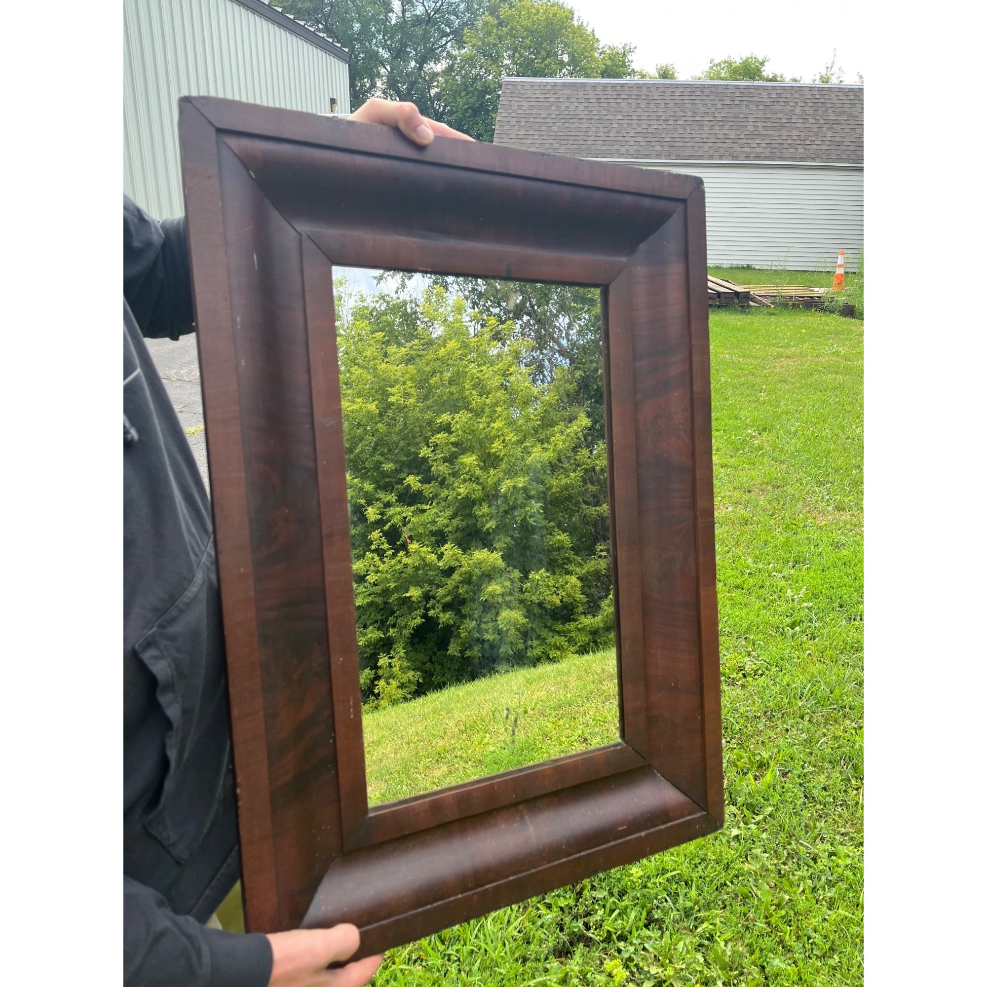 Antique 1890s Mahogany Veneer Wood-Framed Wall Mirror Wall Hanging Entryway Hallway