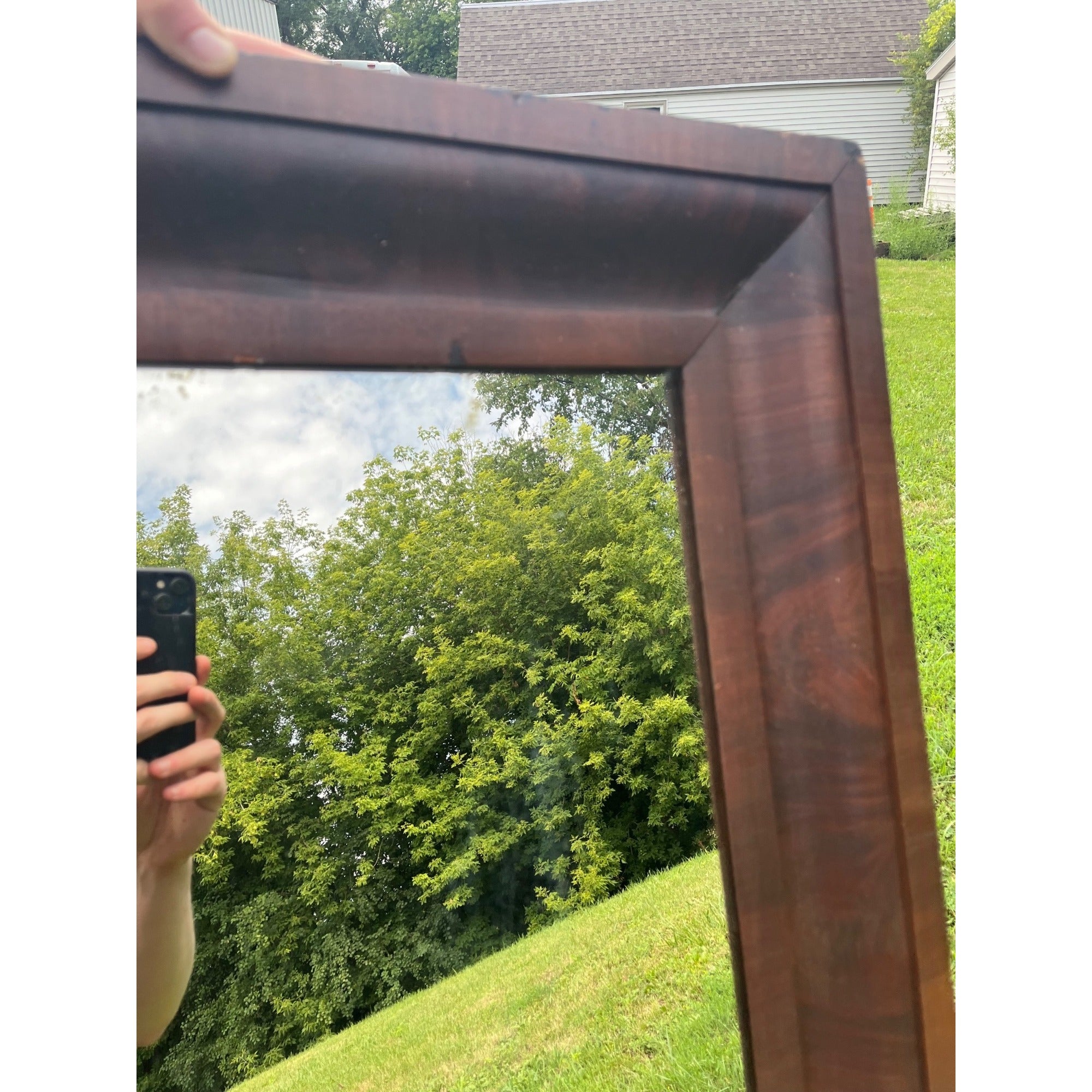 Antique 1890s Mahogany Veneer Wood-Framed Wall Mirror Wall Hanging Entryway Hallway