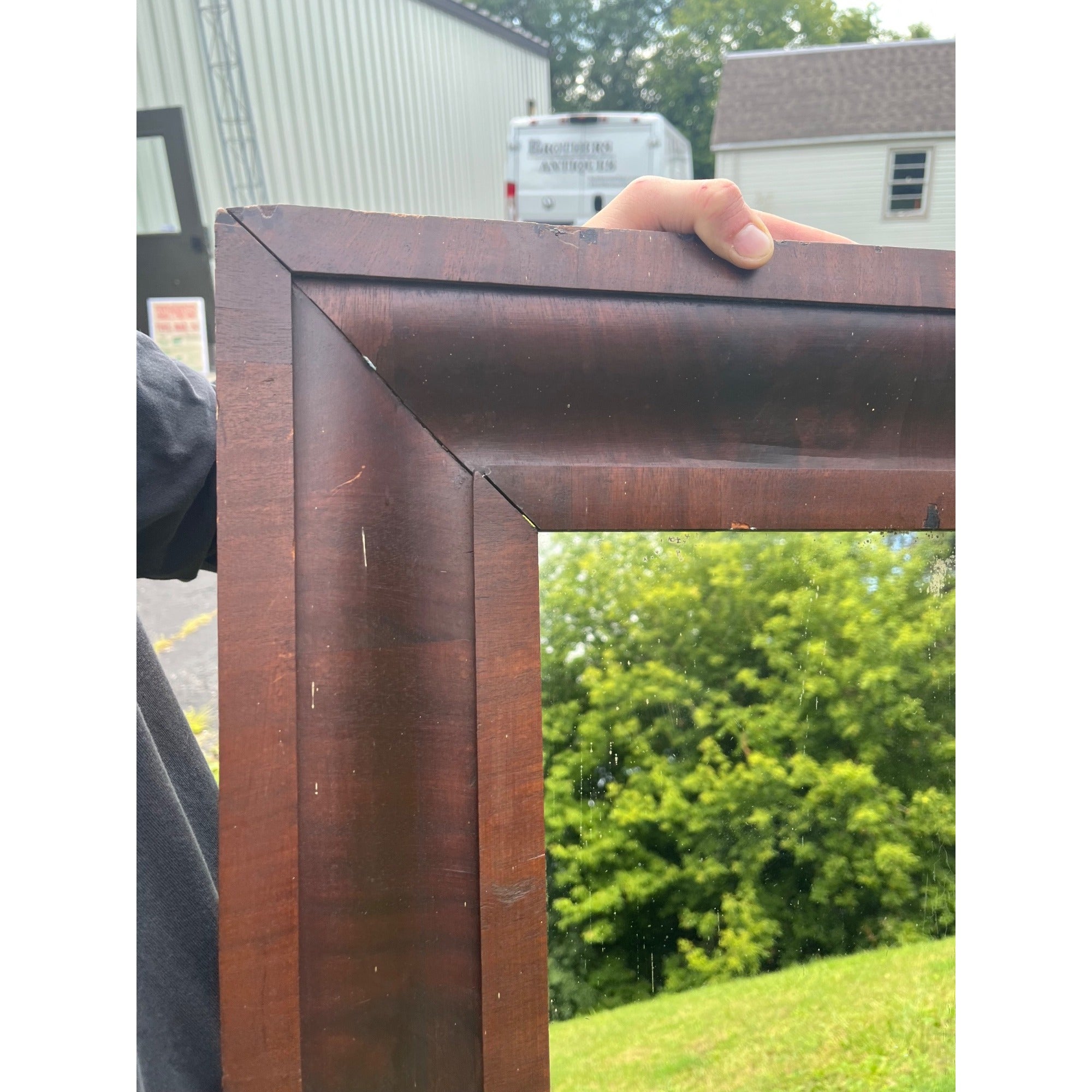 Antique 1890s Mahogany Veneer Wood-Framed Wall Mirror Wall Hanging Entryway Hallway