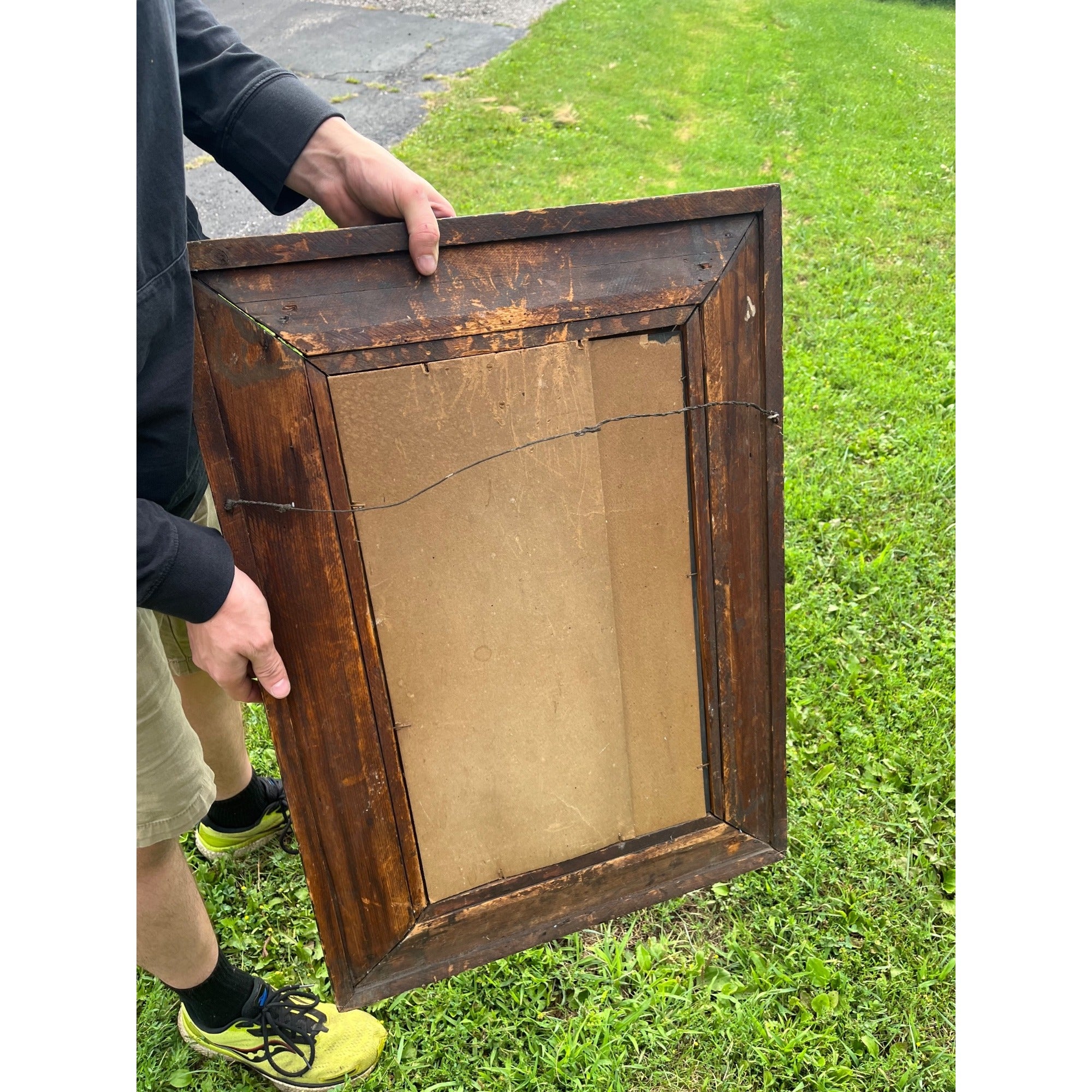 Antique 1890s Mahogany Veneer Wood-Framed Wall Mirror Wall Hanging Entryway Hallway