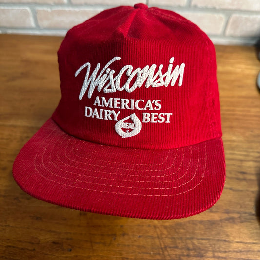 Real Wisconsin Hat America's Dairy Best Farm Vintage Red Corduroy Cap Ag Farmer