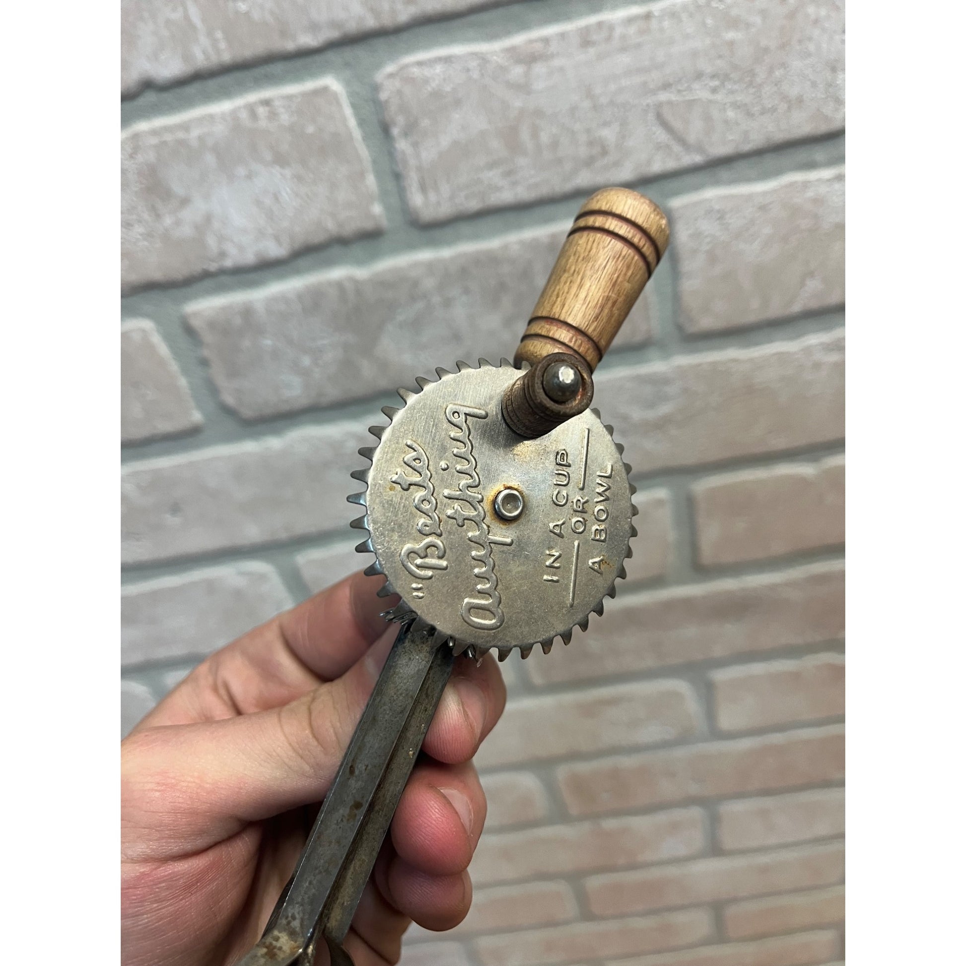 Vintage Small 7.5" Childs Egg Beater Mixer - A & J Beats Anything in Cup or Bowl