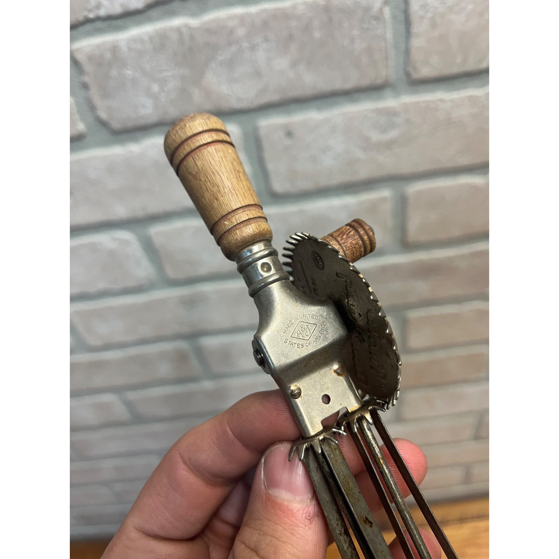 Vintage Small 7.5" Childs Egg Beater Mixer - A & J Beats Anything in Cup or Bowl