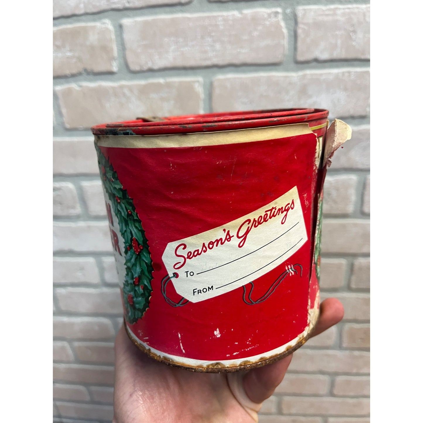 Vintage Union Leader Season's Greetings Smoking Tobacco Tin Can Christmas EMPTY