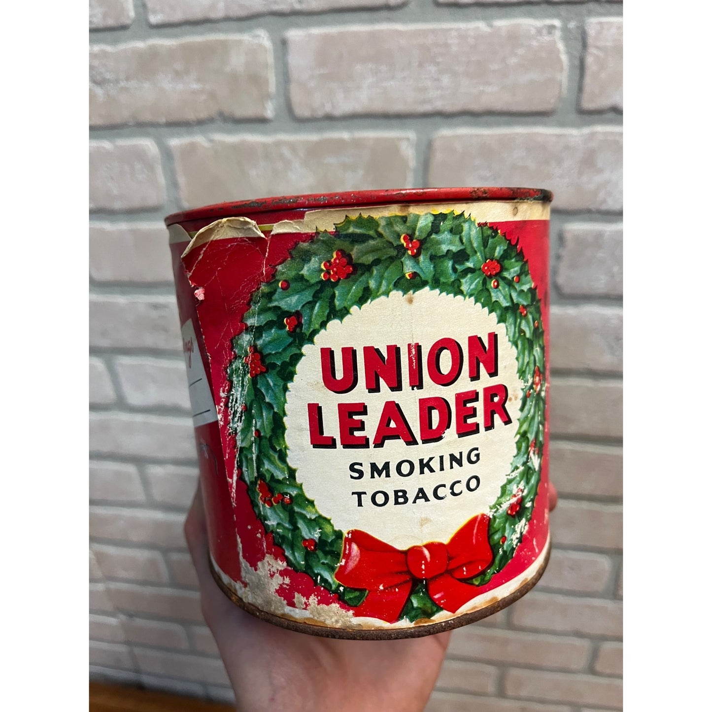 Vintage Union Leader Season's Greetings Smoking Tobacco Tin Can Christmas EMPTY