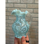 L.G. Wright Fenton Daisy & Fern Light Blue Opalescent Small Glass Pitcher VNTG