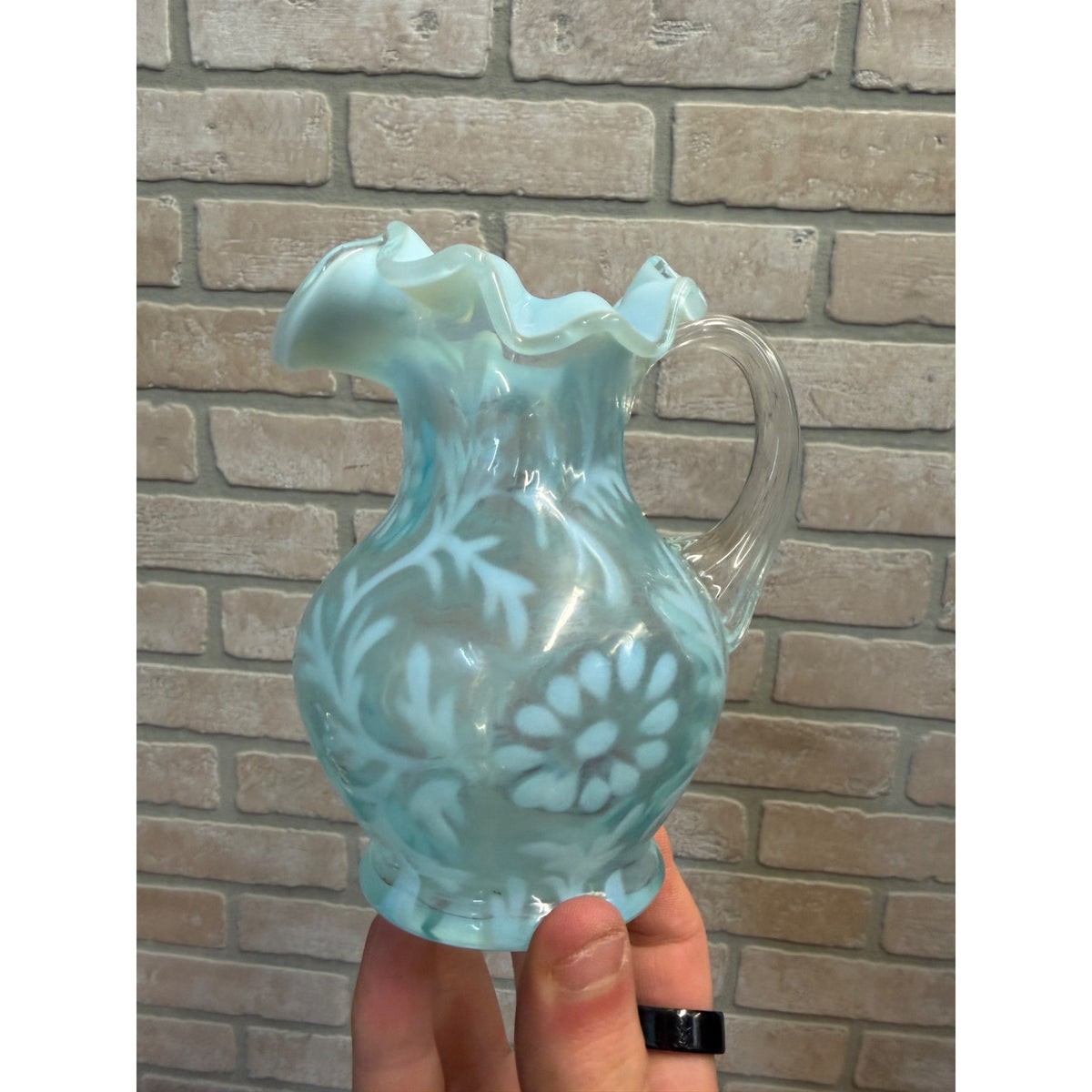 L.G. Wright Fenton Daisy & Fern Light Blue Opalescent Small Glass Pitcher VNTG