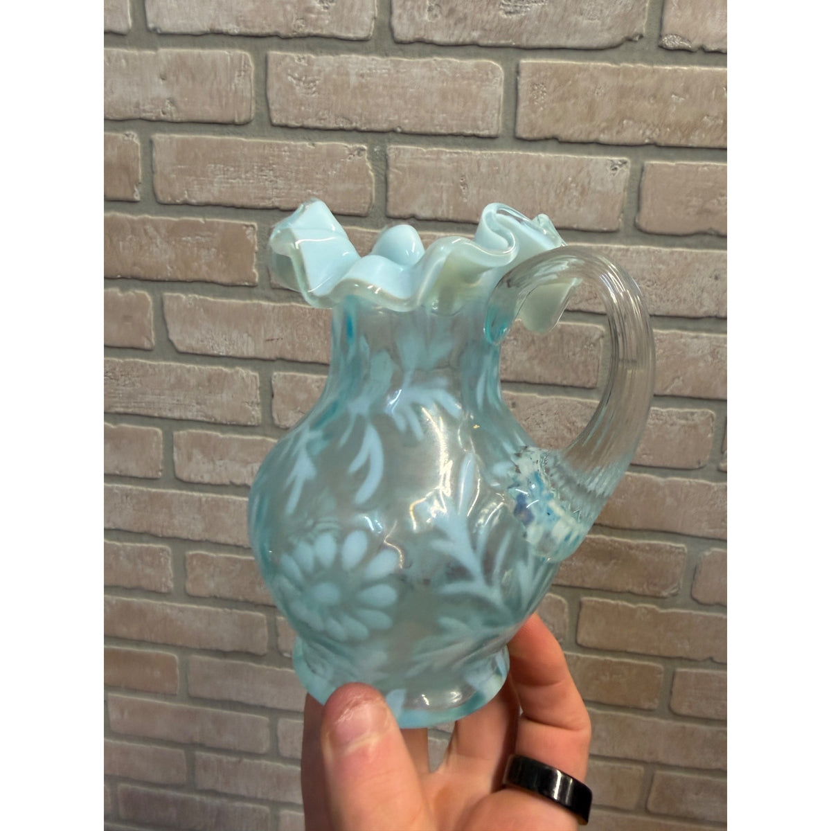 L.G. Wright Fenton Daisy & Fern Light Blue Opalescent Small Glass Pitcher VNTG
