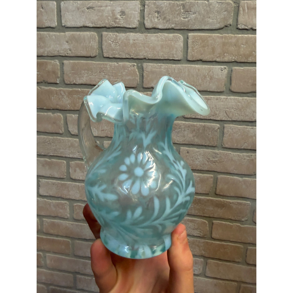 L.G. Wright Fenton Daisy & Fern Light Blue Opalescent Small Glass Pitcher VNTG
