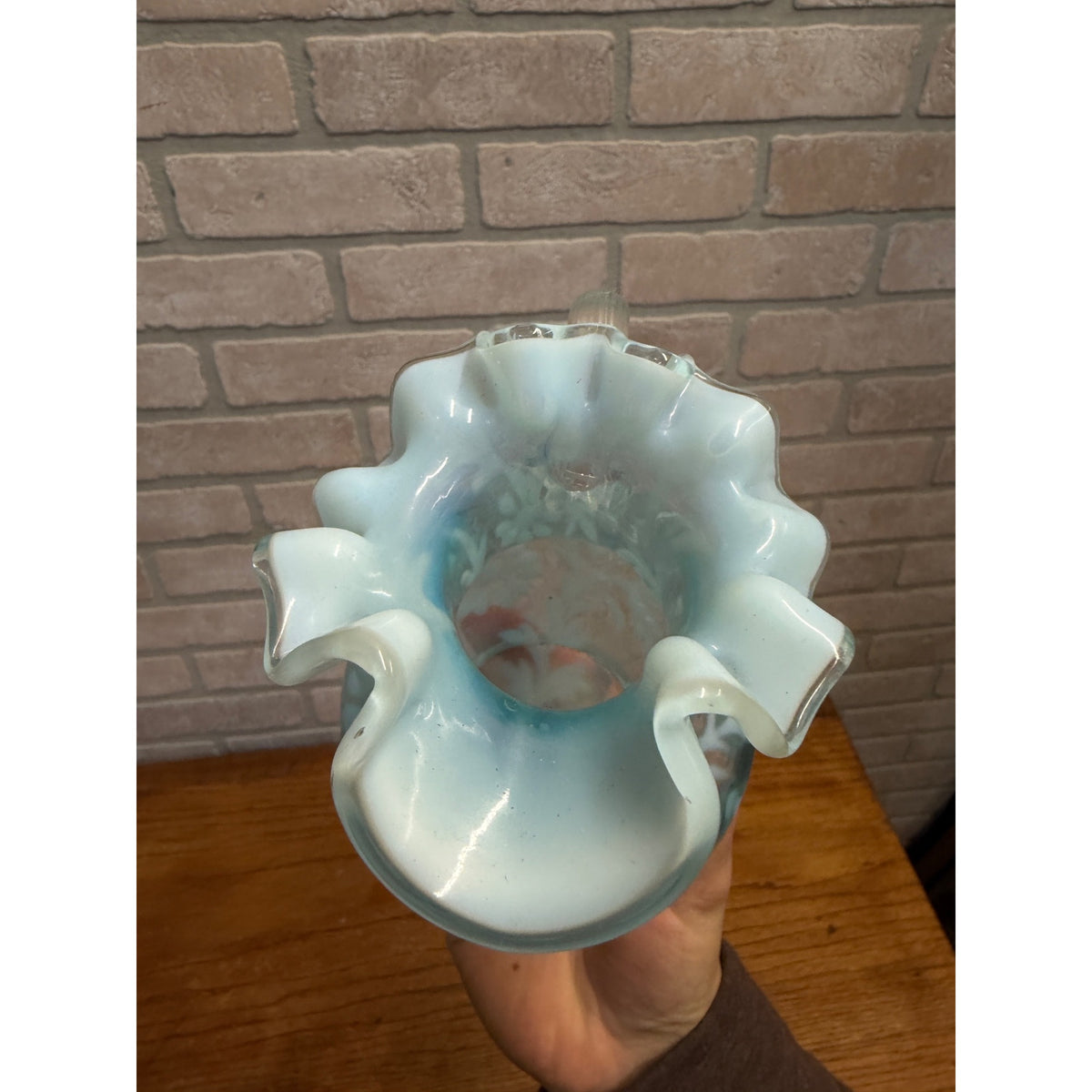 L.G. Wright Fenton Daisy & Fern Light Blue Opalescent Small Glass Pitcher VNTG