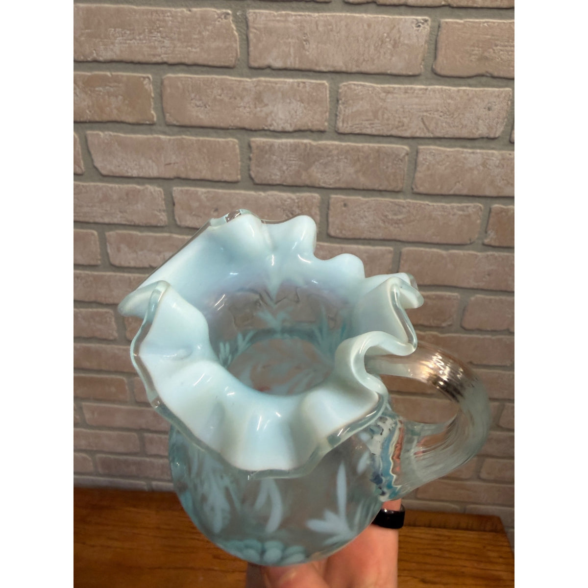 L.G. Wright Fenton Daisy & Fern Light Blue Opalescent Small Glass Pitcher VNTG
