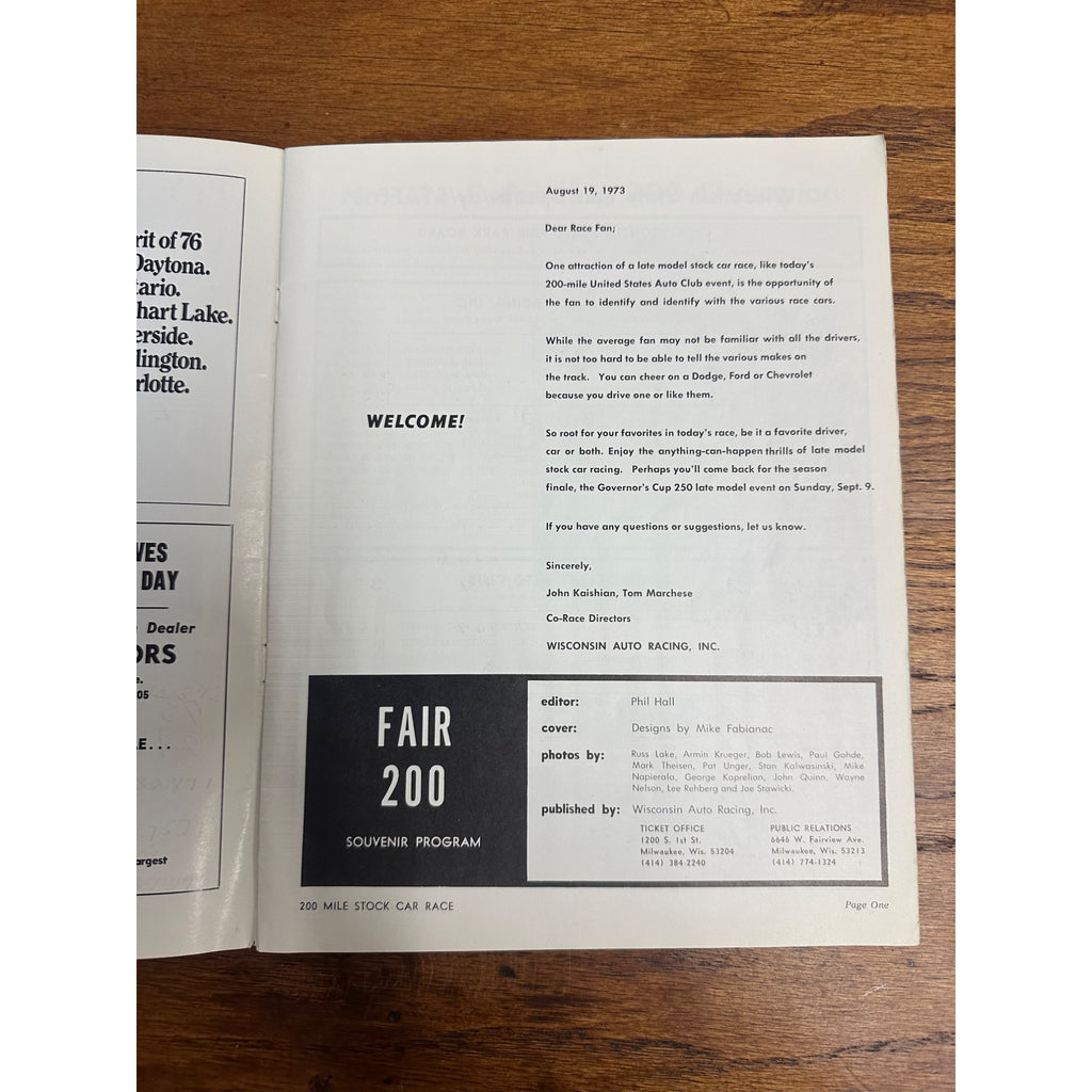 1973 Stock Car 200 Mile Race National Championship Souvenir Program Wisconsin