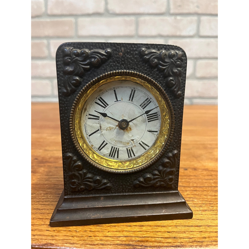 Antique 1890s Cast Iron Shelf Bedside Alarm Clock Paper Dial Face Roman Numeral