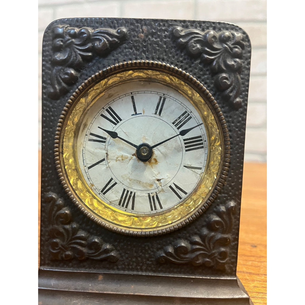 Antique 1890s Cast Iron Shelf Bedside Alarm Clock Paper Dial Face Roman Numeral