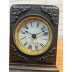 Antique 1890s Cast Iron Shelf Bedside Alarm Clock Paper Dial Face Roman Numeral