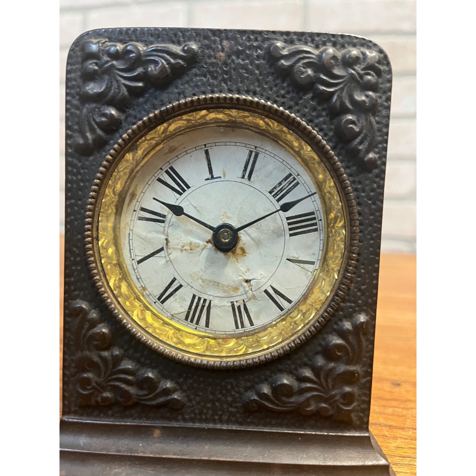 Antique 1890s Cast Iron Shelf Bedside Alarm Clock Paper Dial Face Roman Numeral