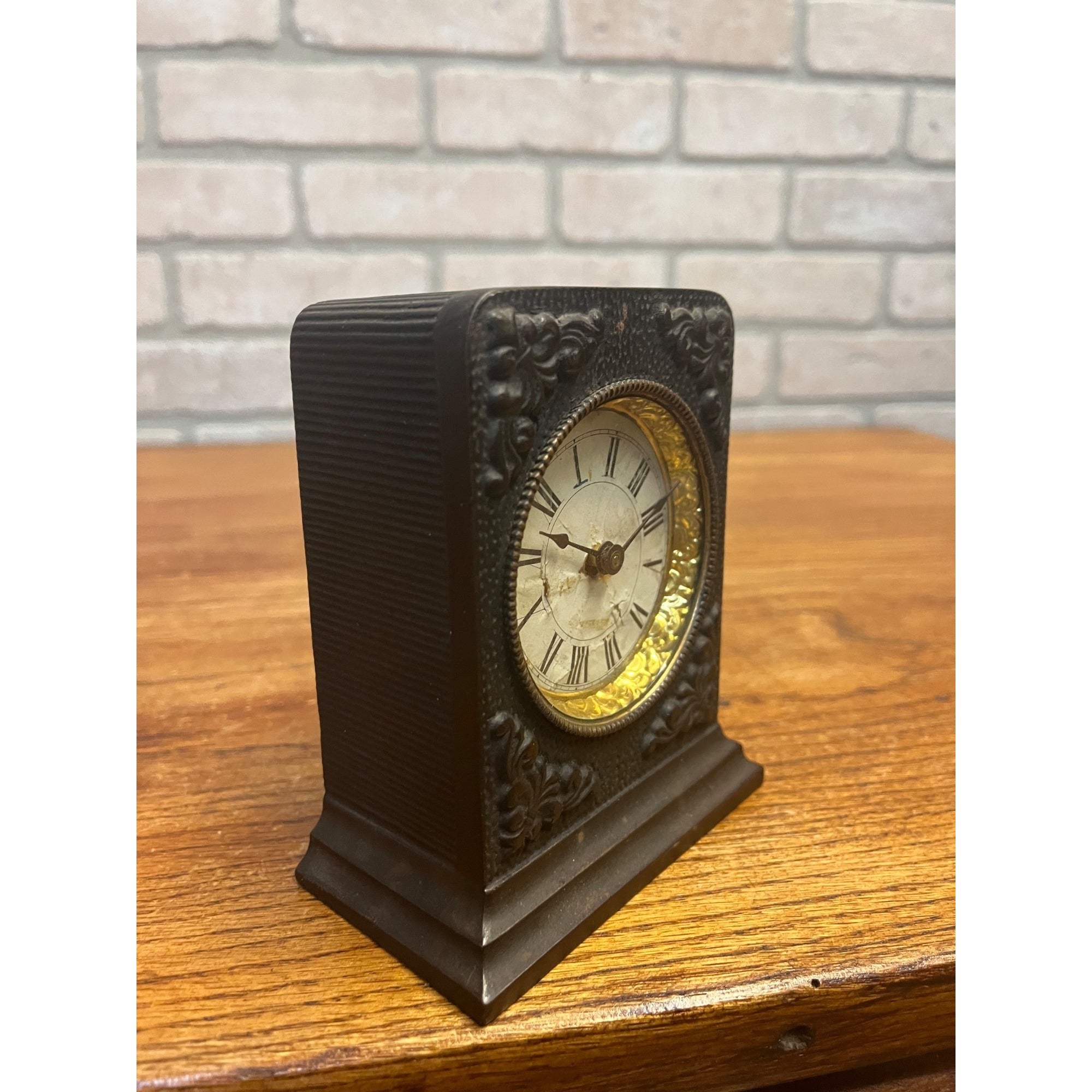 Antique 1890s Cast Iron Shelf Bedside Alarm Clock Paper Dial Face Roman Numeral