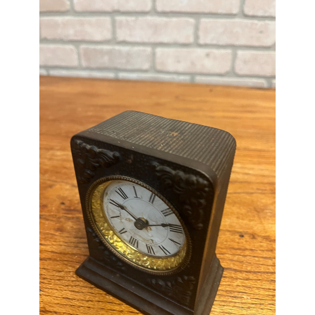 Antique 1890s Cast Iron Shelf Bedside Alarm Clock Paper Dial Face Roman Numeral
